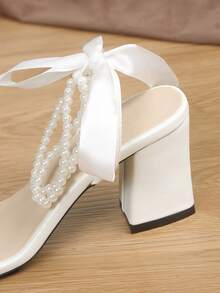 女士新款厚底露趾凉鞋，性感百搭连衣裙鞋，白色珍珠链系带性感凉鞋 - 白色 - 查看 5