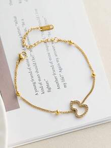 1pc Fashionable Niche Stainless Steel 18K Gold Four-Leaf Clover Micro-Inlaid Diamond Bracelet, Heart, Gourd, Butterfly 18K Gold Plated Chain Bracelet - Gold - View 6