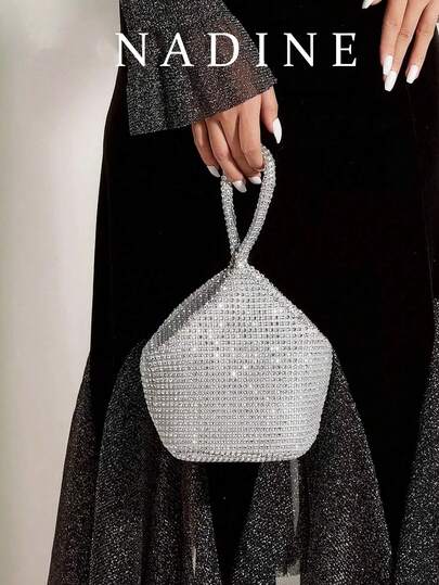 轻便商务休闲抽绳设计水钻装饰迷你水桶包，透明仿珍珠晚宴手拿包，优雅高端精致奢华水钻派对手提包（女士款）