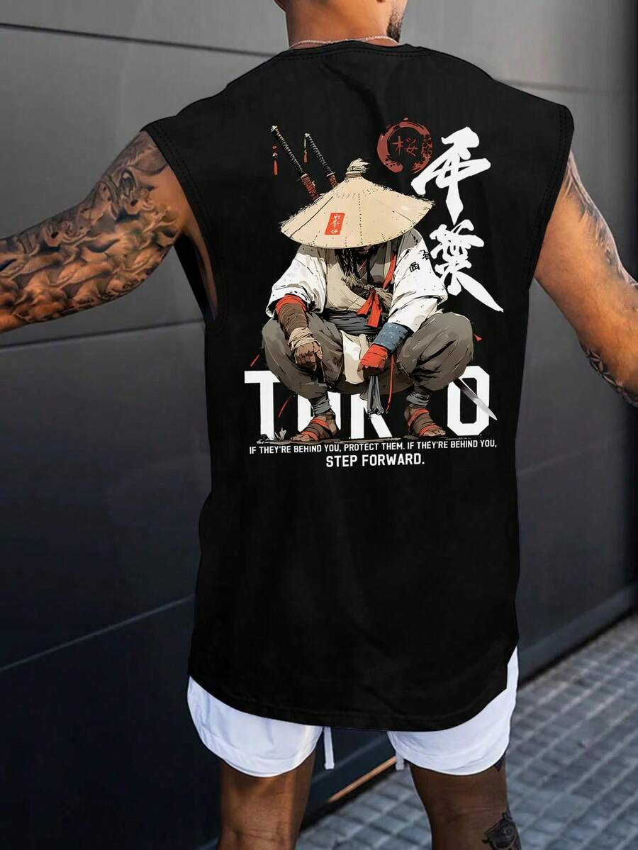 FRACTYR Men's Casual Sleeveless T-Shirt, Minimalist Figure Print, Summer Sports Style Vest - Black - View 1