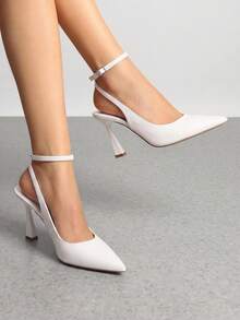 Women's Office Work Heels, Pointed Toe Block Heel Pumps With Slingback Adjustable Strap, Comfortable Closed Toe Dress Shoes For Daily Wear - trắng - Xem 1