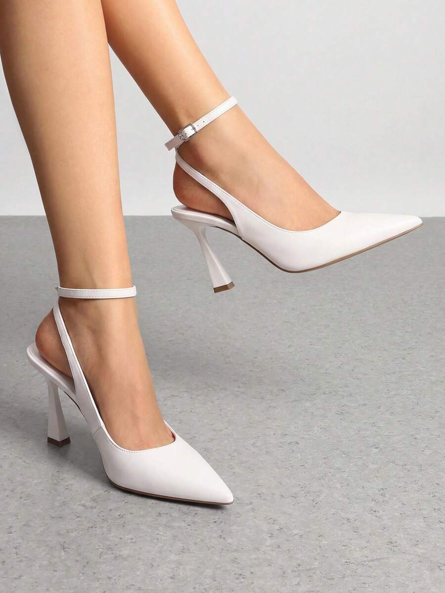 Women's Office Work Heels, Pointed Toe Block Heel Pumps With Slingback Adjustable Strap, Comfortable Closed Toe Dress Shoes For Daily Wear - trắng - Xem 1