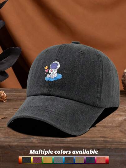 1pc Unisex Adjustable Size Outdoor Casual Fashion Astronaut Graphic Retro Washed Baseball Cap, Suitable For Daily Matching, Camping, Fishing, Sports