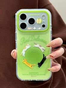 可爱卡通绿色苹果猫吊坠镜头保护硬壳手机壳,适用于 17 Pro Max、17 Pro、15 Pro、16、15 Pro Max、17、15、16,创意可爱春夏风格防震保护后盖,适合女孩使用 - 青蘋果貓咪 - 查看 4