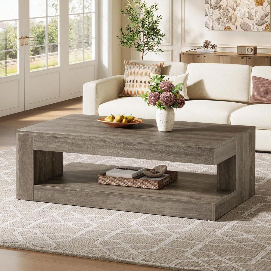 LITTLE TREE Coffee Table For Living Room, 47.24-Inch Farmhouse 2-Tier Center Table With Storage, Rectangular Cocktail Table (Elegant Grey) - Grey - View 1