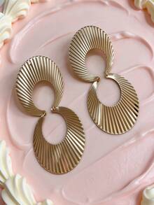 1 Pair Minimalist Metal Smooth Radial Texture Double Circle 8-Shaped Earrings, Suitable For Summer Party Chic Outfit - Yellow Gold - View 4