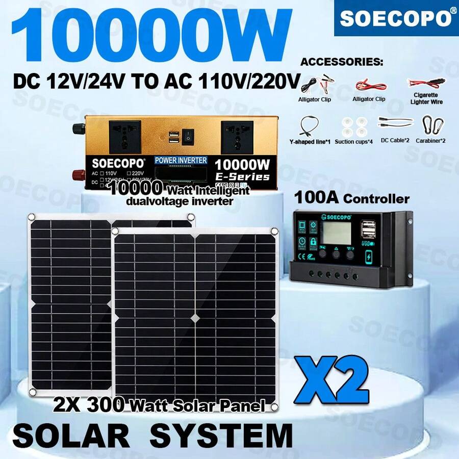 8000W Solar Inverter Kit (12V24V DC To 110V/220V AC) + 2pcs Solar Panels + 100A Controller