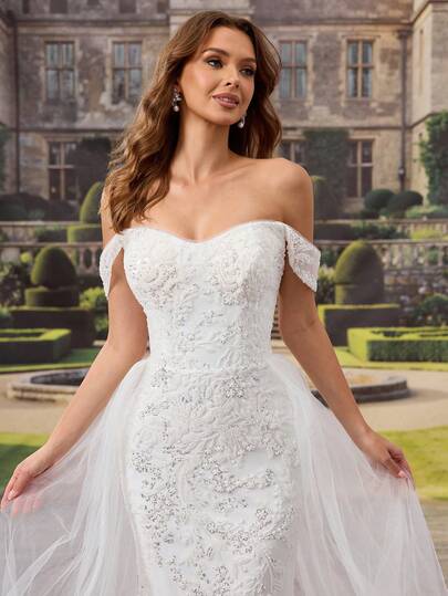 HEARBOBO エレガントな白レースアップリケ長袖ロイヤルフォーマルイブニングドレス、マーメイドプリンセスウェディングドレス ウェディングシーズン春用トレーン付き ブライダルガウン