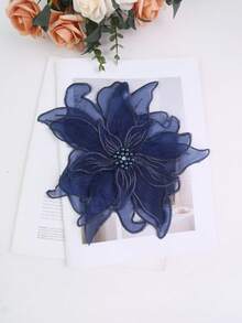 New Handmade 3D Embroidered 4-Layer Lace With Rhinestones And Beads, Width: 23cm, Bridal Gown DIY Embroidery Accessory - Navy - View 3