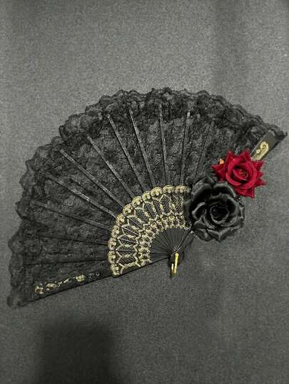 Black Lace Rose Elegant Flamenco Fan, Vintage Spanish Folding Fan, Suitable For Masquerade, Cosplay, Dance Props, Decoration, Unisex