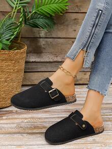 Women's Platform Slip-On Mules, Retro Thick-Sole Adjustable Buckle Round Toe Casual Loafers - Black - View 3