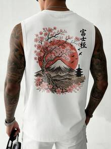 Fractyr 男士时尚休闲度假街头风背心 | 简约山水/樱花山峦印花 | 精致设计 | 夏季必备 | 百搭易穿，棉质触感 | 送朋友的最佳礼物 | 展现你的独特个性 - 白色 - 查看 2