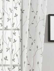 1片绣花薄纱窗帘，带叶子图案口袋，仿亚麻花卉半透明薄纱窗帘，适用于卧室/客厅，绣花薄纱窗帘，透气花卉叶子图案薄纱窗帘 - 灰色 - 查看 8