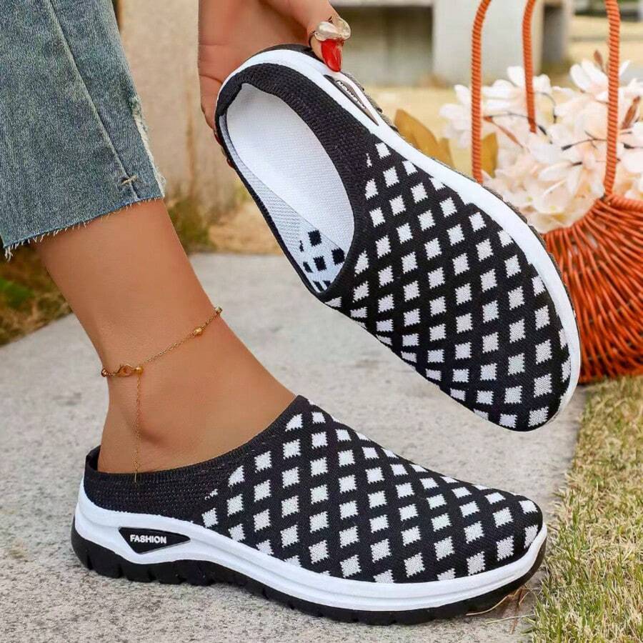 Giày lười nữ họa tiết Argyle thời trang, chất liệu lưới thoáng khí, đế dày nhẹ, phù hợp mang hàng ngày. - màu đen - Xem 1