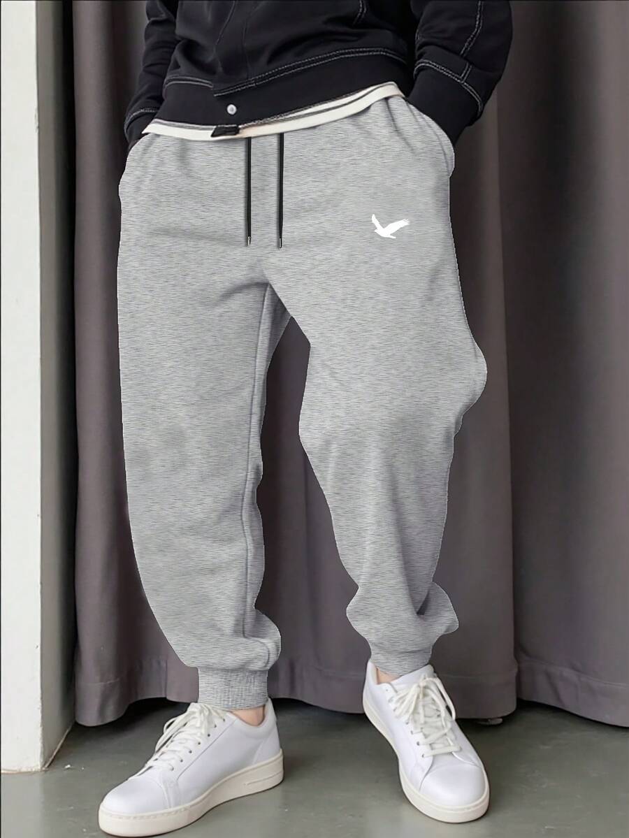 Men's Casual Eagle Print Fleece Jogger Pants With Pocket And Drawstring - Màu Xám nhạt - Xem 1