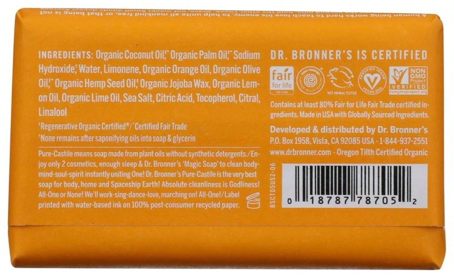 Dr. Bronner'S OBCT05 All-One Hemp Citrus Orange Pure-Castile Bar Soap, 5-Ounces