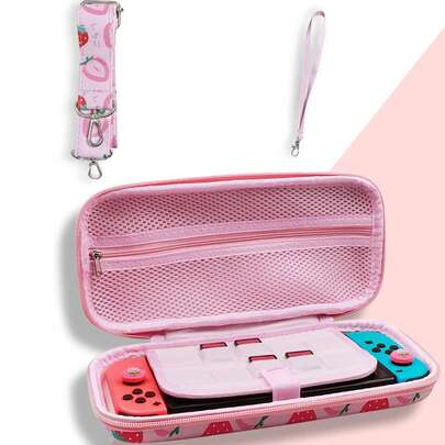 Portable Carrying Case, Cute Pink Strawberry Design With Shoulder Strap And Joystick Cap Set
