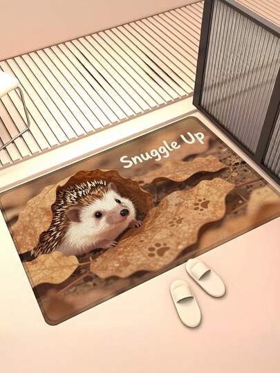 1pc Hedgehog & Fallen Leaves Nature Themed Bath Mat, Modern Farmhouse Entrance Doormat, Living Room Bedroom Entryway Rug, Outdoor Carpet, Hallway Runner, Machine Washable Carpet, Entrance Shoe Scraper Mat/Doormat, Doormat, Floor Carpet