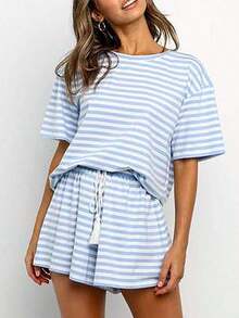 2pcs/Set Striped Casual Short Sleeve-Shirt And Tassel Shorts, Suitable Beach, Sports, Home, Street, All Seasons Summer - Blue - View 2