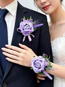 1枚/2枚人造薰衣草紫色胸花，适合新郎、伴郎、婚礼、返校节、舞会、西装配饰、夏季、海滩等场合。 - 淡紫色 - 查看 7