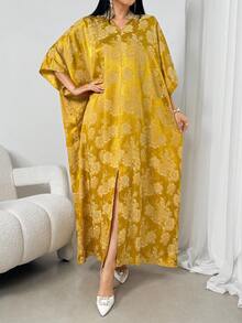 女士花卉图案V领蝙蝠袖阿拉伯风格连衣裙 - 金色 - 查看 5