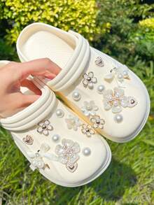 20pcs White Bow Pearl Flower Decor, Suitable For Slippers, Sandals, DIY Accessories - White Flowers - View 5