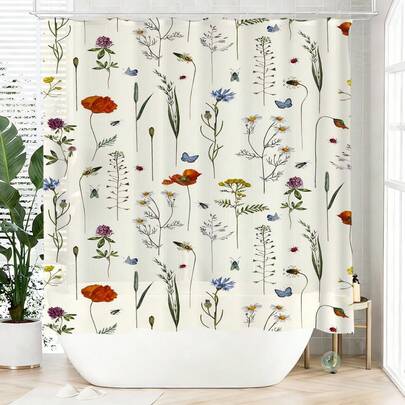 1 pieza Cortina de ducha floral artística, hecha de poliéster, impermeable, no opaca, adecuada para la decoración del hogar y el baño, incluye 12 ganchos