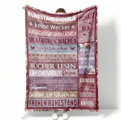 1 件紫色和粉色德国退休规则文字法兰绒长方形抓绒毯，温暖舒适的复古风格毛绒，带有花卉装饰细节，柔软舒适，适合作为午睡毯，适合退休纪念。