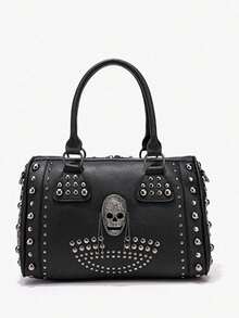 Borsa Boston da donna in stile punk con teschio e borchie, borsa a tracolla dallo stile unico e dark da biker - nero - Visualizzare 5