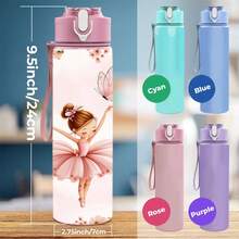 1pc/5pcs 750ml Multi-Color Water Bottle/Cup With Straw. Designed With Butterfly, Cherry Blossom And Ballerina Girl Patterns. Plastic Sports Water Bottle With Flip Cap And Slim Portable Design. Fashionable And Practical. - Pink - View 6