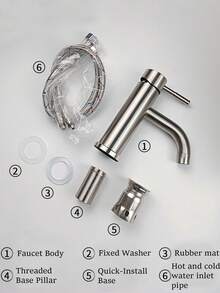 Single-Hole 304 Stainless Steel Brushed Bathroom Basin Faucet, Classic Arc Design, Ceramic Valve - Suitable For Hotels, Kitchens, And Bathrooms - Silver - View 5