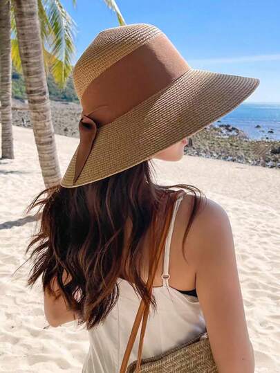 1pc Women Fashionable Khaki Color Dome Shaped Bow Decoration Bohemian Versatile Outdoor Sunscreen Beach Hat Suitable For Summer Beach Vacation Wear