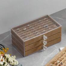 Ring Organizer Storage Box With 3 Drawers Clear Acrylic 3-Layer Velvet Jewelry Display Case For Women Brown - 棕色 - 查看 3