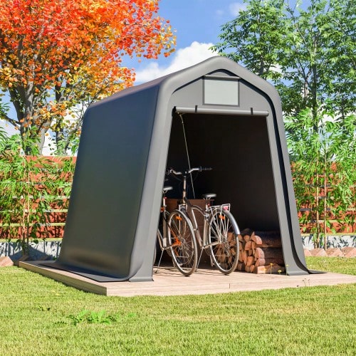 Abri de jardin gris 245 x 183 x 217 cm – Utilisation polyvalente : abri de jardin, abri à vélos ou carport. Matériau PE imperméable avec volets enroulables. Résistant aux UV et au vent. Montage facile. - Gris - Voir 1