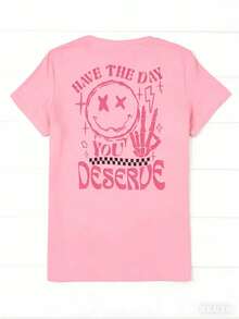 Women's 'Have A Day You Deserve' Graphic T-Shirt - Black, Breathable Short Sleeve Crew Neck Top With Happy Face And Letter Design, Casual Summer Wear - 粉色 - 查看 3
