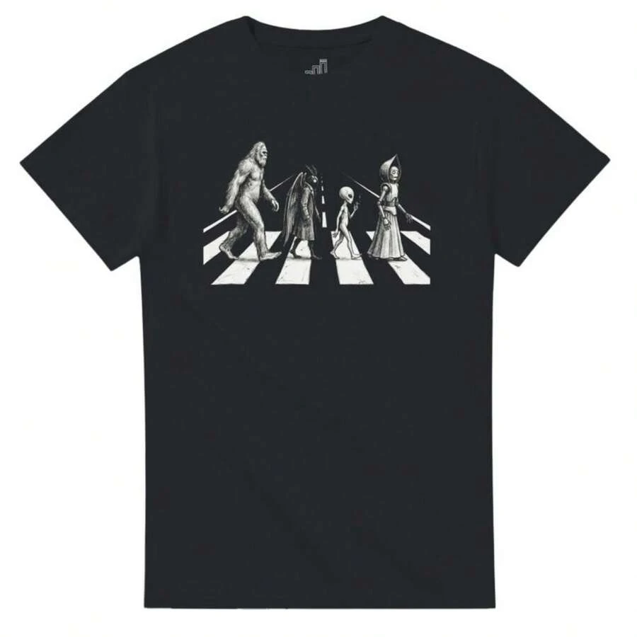 Funny Cryptid T-Shirt, Abbey Road Parody, Bigfoot Mothman Alien T-Shirt, Cryptozoology Gift, Flatwoods Monster, The Truth Is Out There, Top Walk - 黑色 - 查看 1