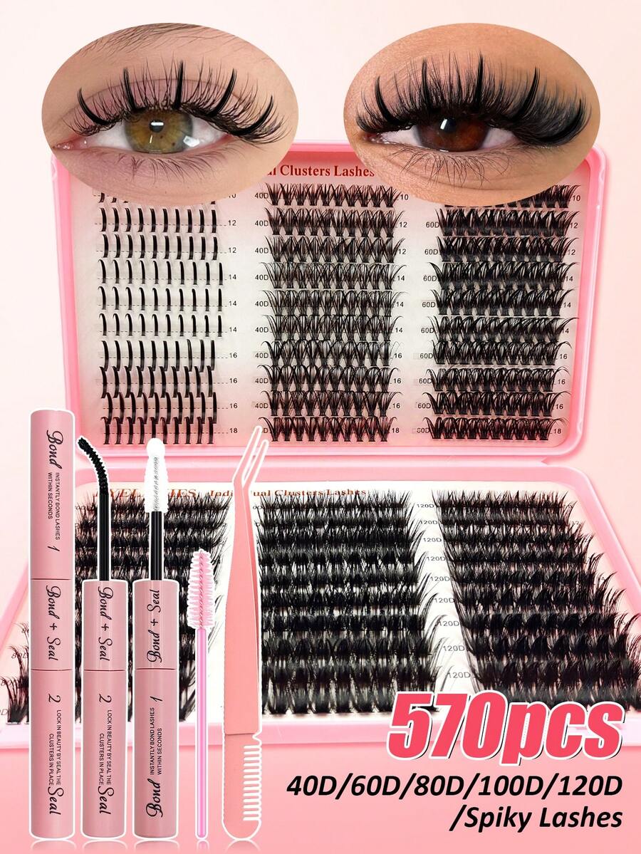 Rikuaild 570pcs Segmented False Eyelashes Set, Includes Spiky Lash Clusters, High Capacity Wide-Handled Lash Clusters 10-18mm Mixed D Curl 40D/60D/80D/100D/120D Natural Thick Soft Lightweight False Eyelashes, Spiky Cartoon Style Individual Lashes Set, Comes With Lash Glue, Tweezers, Lash Brush, Lash Book, Suitable For Daily Life, Cosplay, Dates And Party Makeup - 彩色 - 查看 1