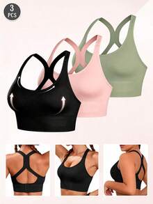 3Pcs Seamless Shock-Absorbing Sports Bra, X-Back Wireless High Support, Lightweight Breathable Running Workout Tank Top - Multicolor - View 2