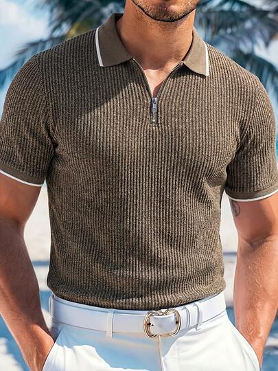 男士时尚休闲Polo衫，春夏户外纹理罗纹面料，撞色拉链拼接设计，翻领短袖