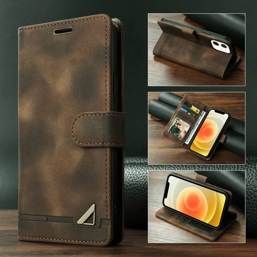 Funda de teléfono de cuero premium con ranura para tarjeta, tapa con cierre magnético, uso empresarial, 6ta generación - Marrón - Ver 1