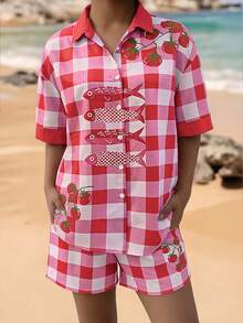 Spring/Summer Women 2-Piece Set, Red & White Plaid Tomato & Fish Print Short Sleeve Shirt And Drawstring Shorts, Italian Casual Holiday Beach Outfit - Multicolor - View 8
