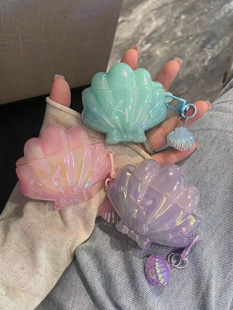 1pc Summer Ocean Shell Holographic Laser Pearl Bluetooth Earphone Case, Compatible With AirPods 1/2/3/4/Pro/Pro3, Ins Style Bluetooth Earphone Case - Multicolor - View 1