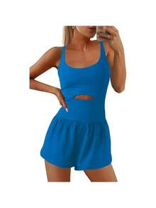 Women's Summer Romper Halter Sleeveless Running One-Sie Athletic Padded Bras One Piece Outfits Exercise Jumpsuits - Blue - View 5