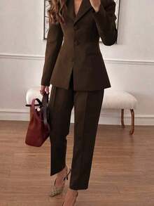 2pcs/Set Elegant Basic Slim Fit Blazer Jacket + Ankle-Length Pants, Suitable For Business, Commute And Daily Wear - màu nâu - Xem 6