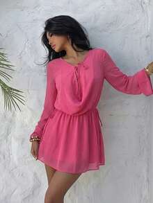 女士优雅玫红色雪纺迷你连衣裙，波西米亚风，度假装，长袖系领飘逸沙滩裙，夏季穿搭 - 玫紅色 - 查看 7