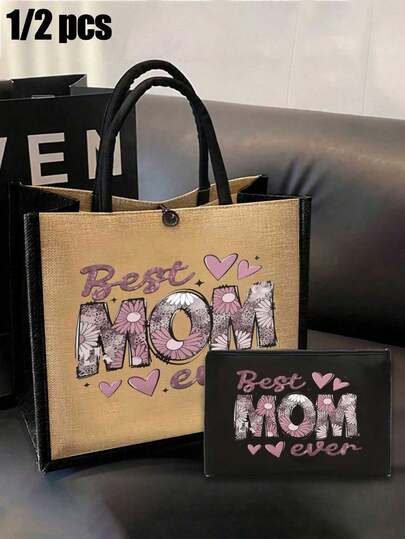 "Best Mom Ever" Printed Tote Bag And Cosmetic Bags,Unisex-Adult Linen Cosmetic Bag, Portable Travel Pouch For Makeup And Accessories, With Zipper,Tote Bag Set With Large Capacity, Shoulder & Handheld. Women Linen High-Capacity, Multifunctional Tote Bag,Skin Care Product Storage Bags,Large Capacity Fashion Simple Style Durable Gunny Bag With Suitable For Outdoor Picnics, Parties, Travel And Shopping,Beach Vacation,Back To School,Ideal Mother's Day & Birthday Gift From Daughter,Easter Gifts
