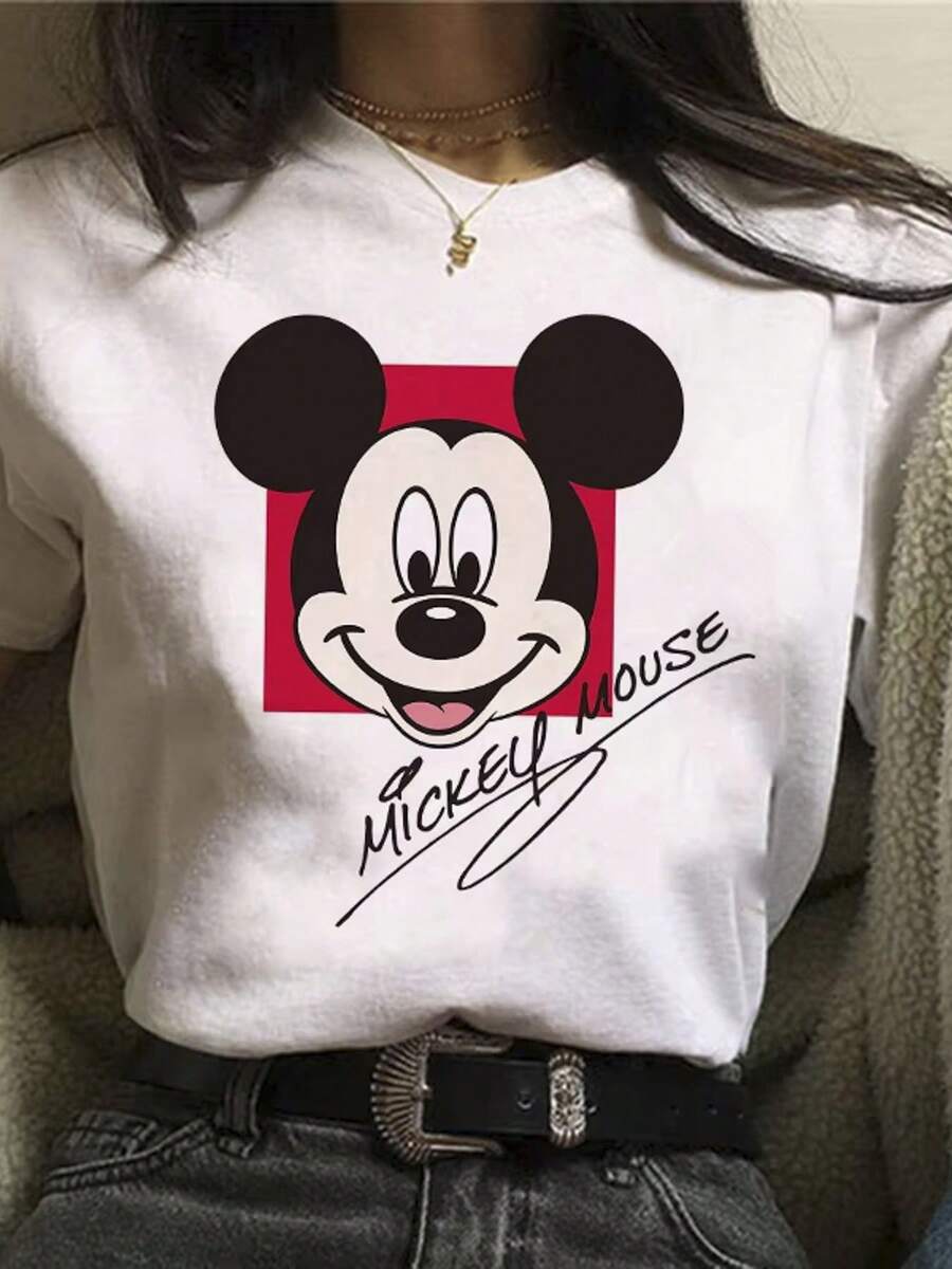 Summer T-Shirts, MICKEY MOUSE Suitable For Everyday Wear, Easy To Wear In Summer, Micro-Elastic, Soft Round Neck Casual Everyday Tops, Including Disney Fashion Prints, Round Neck Summer Sweatshirts, For Both Men And Women, Holiday Gifts. - White - View 1