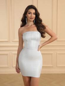 Love Aing 女士银色无袖连衣裙，夏季派对装扮，婚礼宾客礼服，鸡尾酒会礼服，奢华正式晚礼服，假日约会装，无肩带设计，银色压纹，迷你裙长，优雅连衣裙 - 銀色 - 查看 8