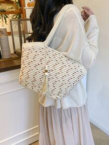 2026 Spring New Large Capacity Tote Bag, Minimalist Cotton Rope Woven Straw Basket Handbag - White - View 6