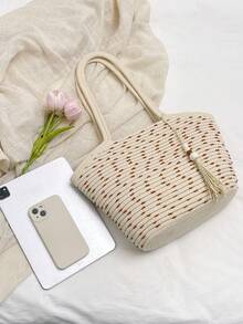 2026 Spring New Large Capacity Tote Bag, Minimalist Cotton Rope Woven Straw Basket Handbag - White - View 8